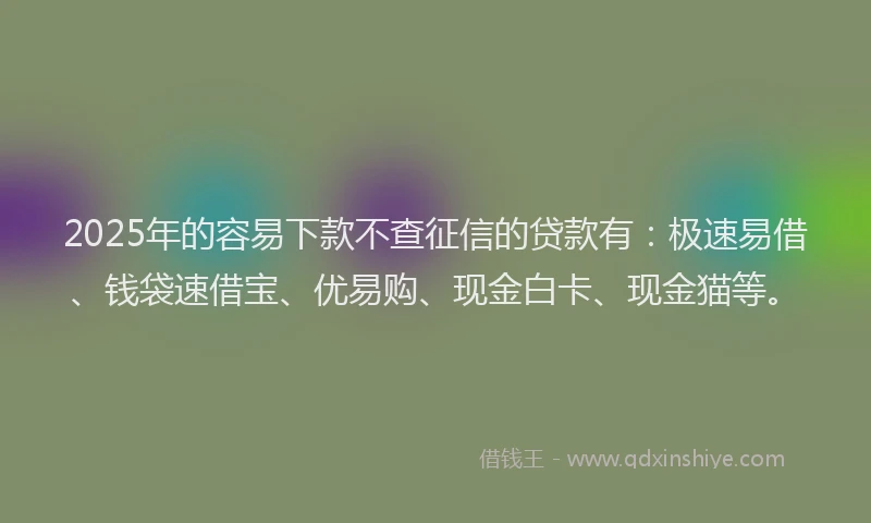 2025年的容易下款不查征信的贷款有：极速易借、钱袋速借宝、优易购、现金白卡、现金猫等。