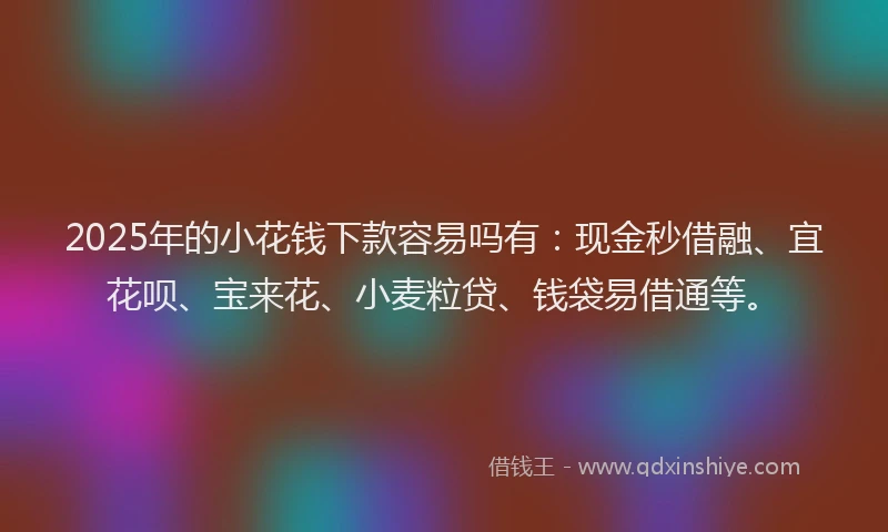 2025年的小花钱下款容易吗有：现金秒借融、宜花呗、宝来花、小麦粒贷、钱袋易借通等。
