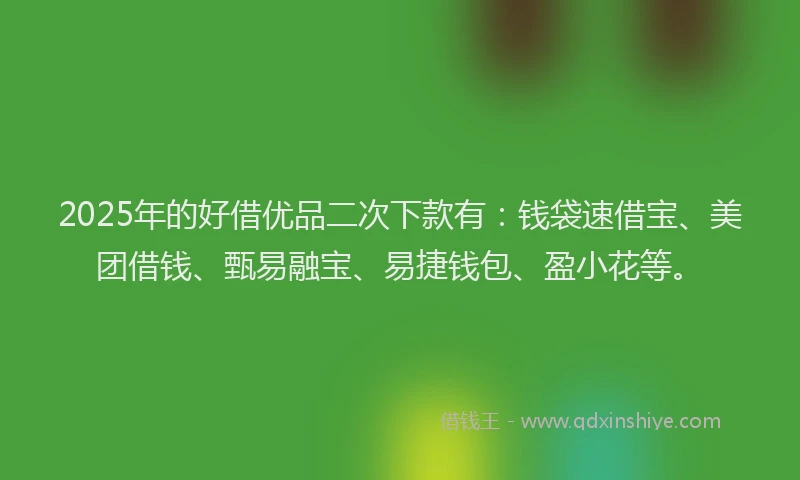 2025年的好借优品二次下款有：钱袋速借宝、美团借钱、甄易融宝、易捷钱包、盈小花等。