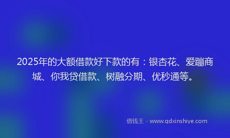 2025年的大额借款好下款的有：银杏花、爱蹦商城、你我贷借款、树融分期、优秒通等。