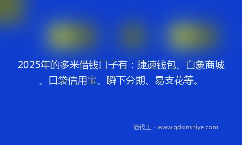 2025年的多米借钱口子有：捷速钱包、白象商城、口袋信用宝、瞬下分期、易支花等。