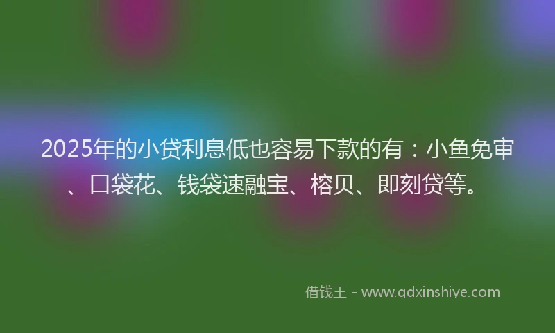 2025年的小贷利息低也容易下款的有：小鱼免审、口袋花、钱袋速融宝、榕贝、即刻贷等。