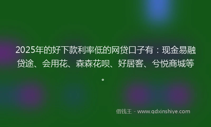2025年的好下款利率低的网贷口子有：现金易融贷途、会用花、森森花呗、好居客、兮悦商城等。