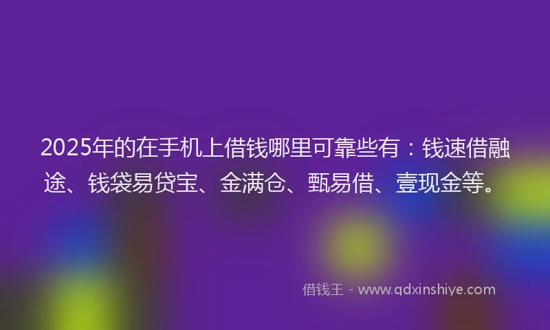 2025年的在手机上借钱哪里可靠些有：钱速借融途、钱袋易贷宝、金满仓、甄易借、壹现金等。