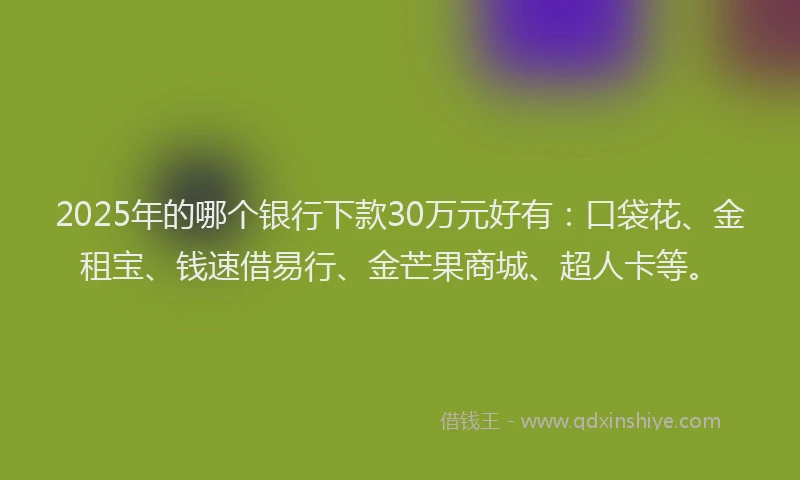 2025年的哪个银行下款30万元好有：口袋花、金租宝、钱速借易行、金芒果商城、超人卡等。