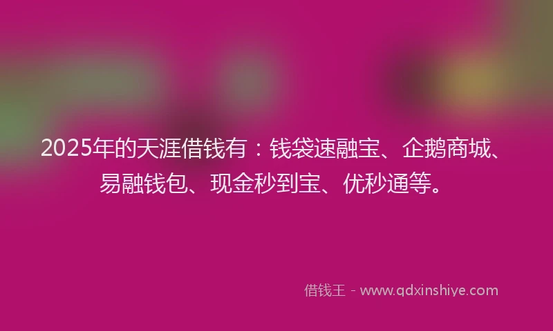 2025年的天涯借钱有：钱袋速融宝、企鹅商城、易融钱包、现金秒到宝、优秒通等。