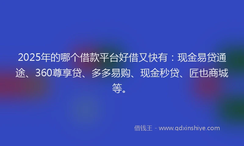 2025年的哪个借款平台好借又快有：现金易贷通途、360尊享贷、多多易购、现金秒贷、匠也商城等。