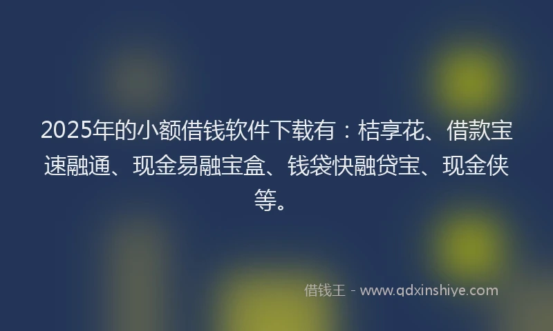 2025年的小额借钱软件下载有：桔享花、借款宝速融通、现金易融宝盒、钱袋快融贷宝、现金侠等。