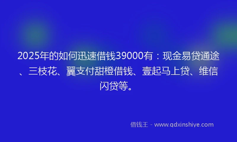 2025年的如何迅速借钱39000有：现金易贷通途、三枝花、翼支付甜橙借钱、壹起马上贷、维信闪贷等。