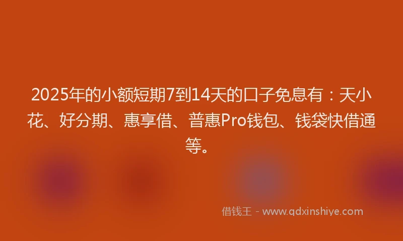 2025年的小额短期7到14天的口子免息有：天小花、好分期、惠享借、普惠Pro钱包、钱袋快借通等。