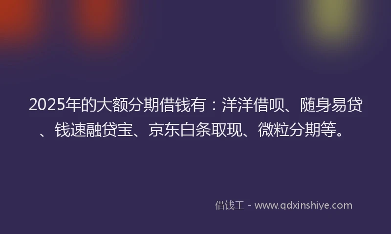 2025年的大额分期借钱有：洋洋借呗、随身易贷、钱速融贷宝、京东白条取现、微粒分期等。