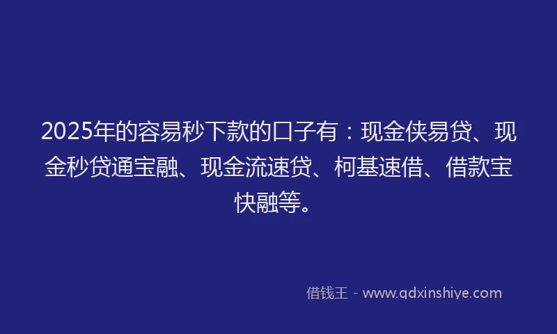 2025年的容易秒下款的口子有：现金侠易贷、现金秒贷通宝融、现金流速贷、柯基速借、借款宝快融等。