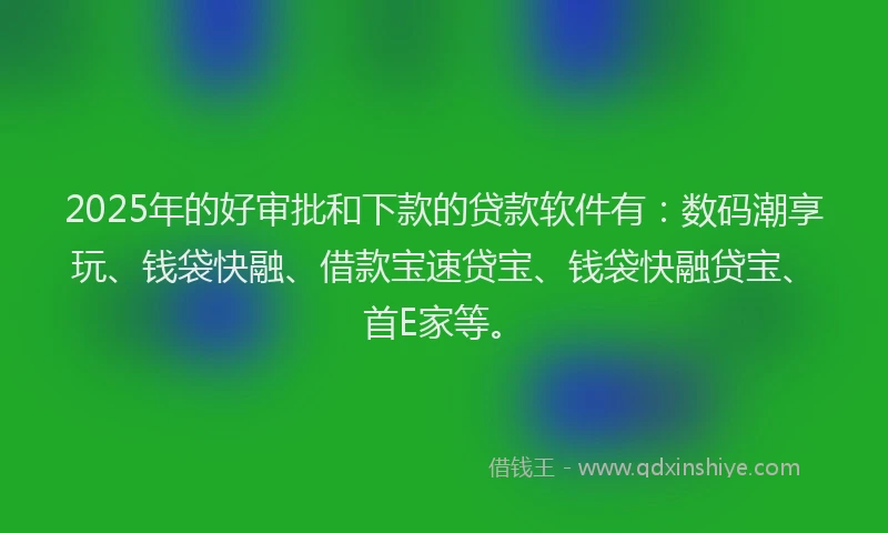 2025年的好审批和下款的贷款软件有：数码潮享玩、钱袋快融、借款宝速贷宝、钱袋快融贷宝、首E家等。