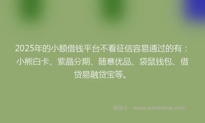2025年的小额借钱平台不看征信容易通过的有：小熊白卡、紫晶分期、随意优品、袋鼠钱包、借贷易融贷宝等。