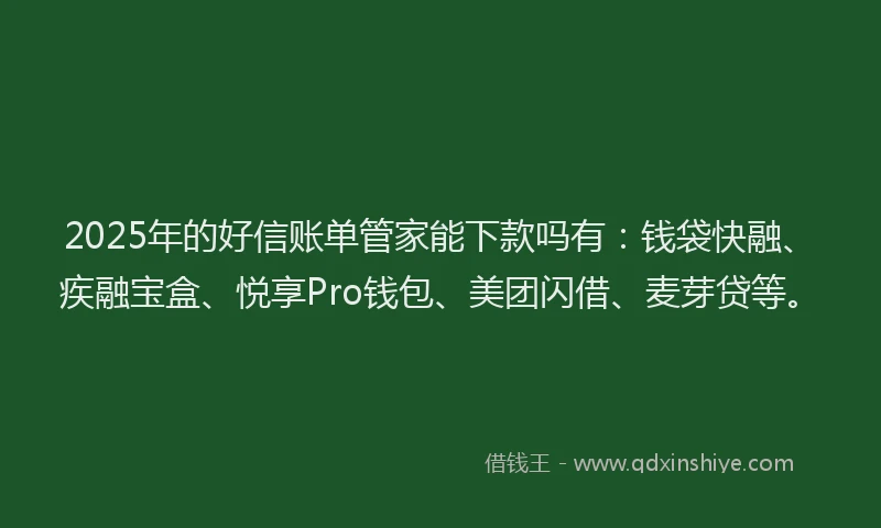 2025年的好信账单管家能下款吗有：钱袋快融、疾融宝盒、悦享Pro钱包、美团闪借、麦芽贷等。
