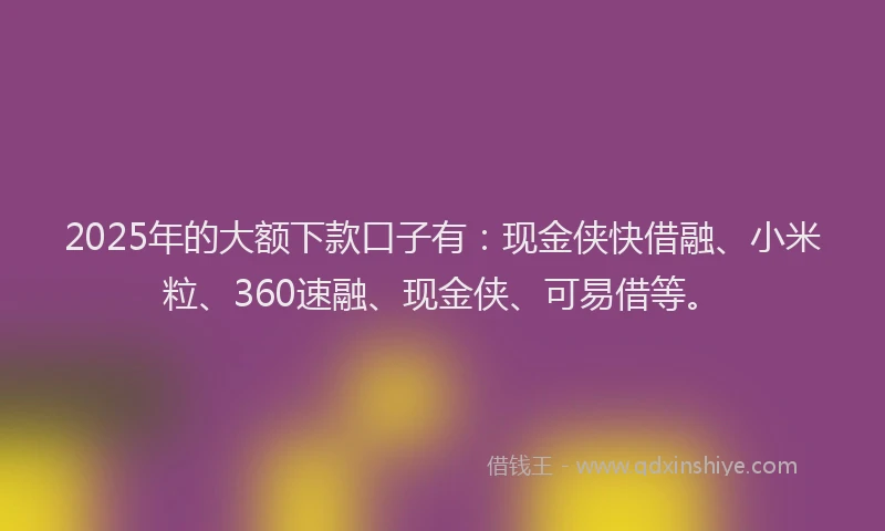 2025年的大额下款口子有：现金侠快借融、小米粒、360速融、现金侠、可易借等。