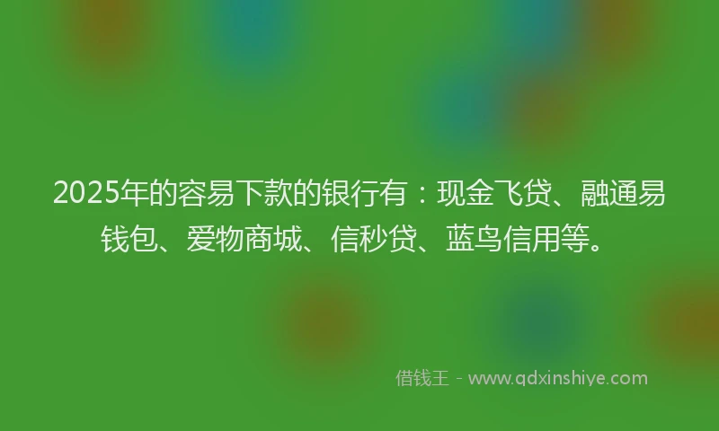 2025年的容易下款的银行有：现金飞贷、融通易钱包、爱物商城、信秒贷、蓝鸟信用等。