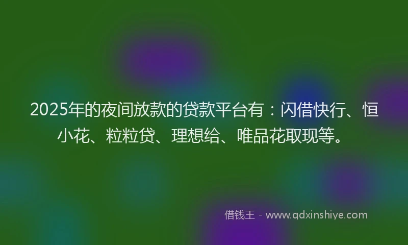2025年的夜间放款的贷款平台有：闪借快行、恒小花、粒粒贷、理想给、唯品花取现等。