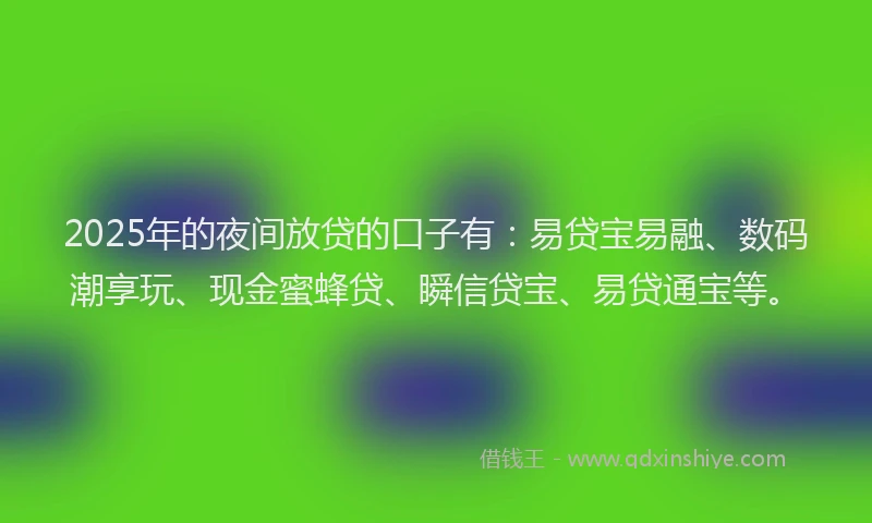 2025年的夜间放贷的口子有：易贷宝易融、数码潮享玩、现金蜜蜂贷、瞬信贷宝、易贷通宝等。