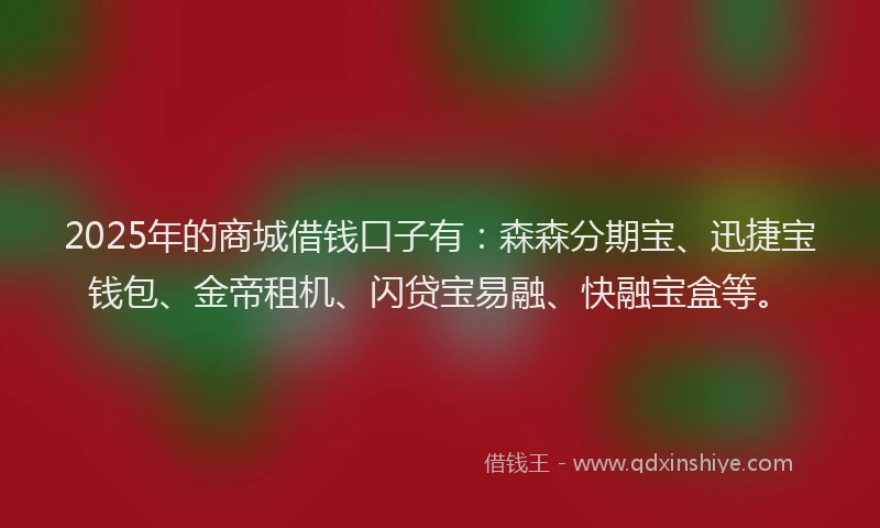 2025年的商城借钱口子有：森森分期宝、迅捷宝钱包、金帝租机、闪贷宝易融、快融宝盒等。