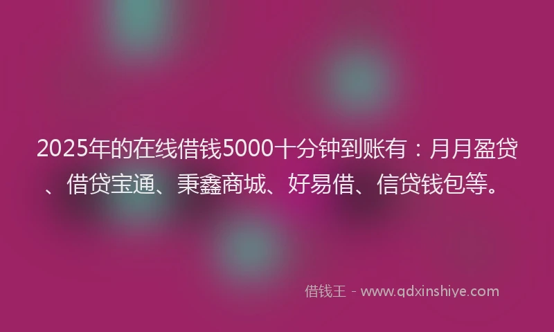 2025年的在线借钱5000十分钟到账有：月月盈贷、借贷宝通、秉鑫商城、好易借、信贷钱包等。