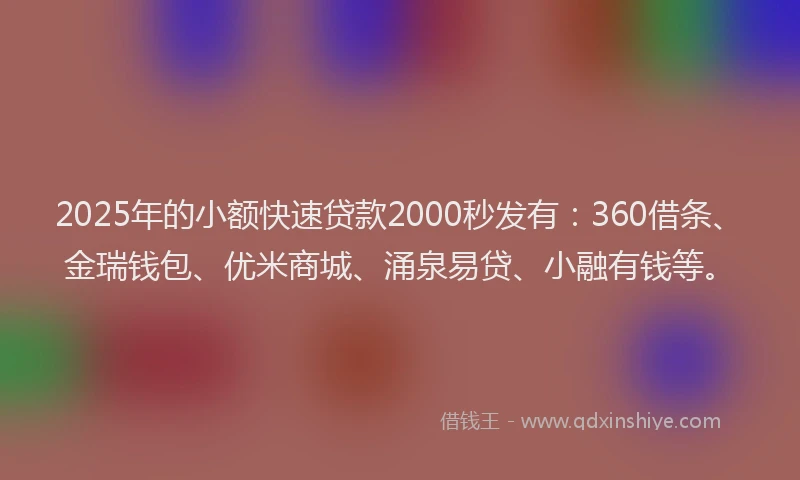 2025年的小额快速贷款2000秒发有：360借条、金瑞钱包、优米商城、涌泉易贷、小融有钱等。