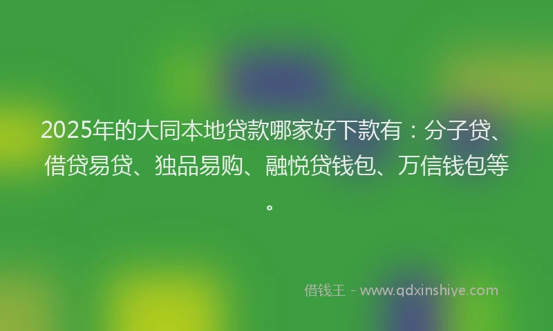 2025年的大同本地贷款哪家好下款有：分子贷、借贷易贷、独品易购、融悦贷钱包、万信钱包等。