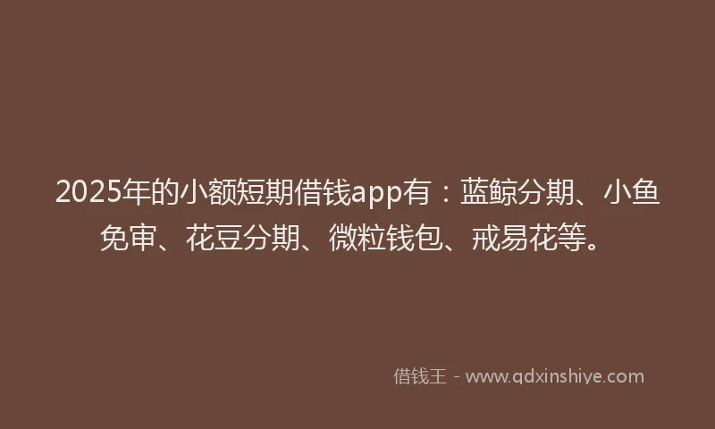 2025年的小额短期借钱app有：蓝鲸分期、小鱼免审、花豆分期、微粒钱包、戒易花等。