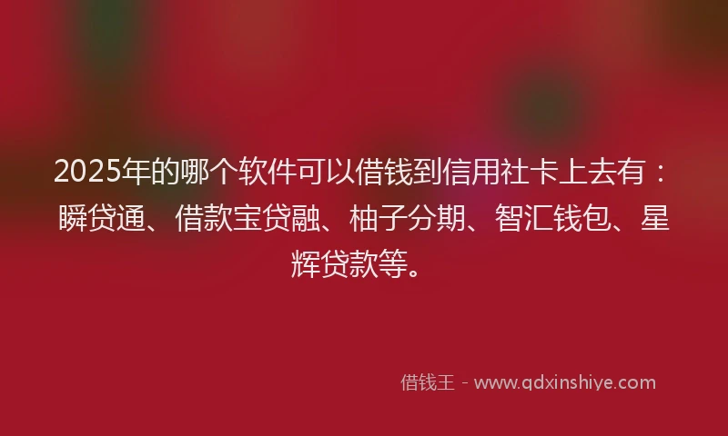 2025年的哪个软件可以借钱到信用社卡上去有：瞬贷通、借款宝贷融、柚子分期、智汇钱包、星辉贷款等。