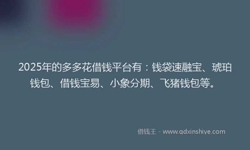 2025年的多多花借钱平台有：钱袋速融宝、琥珀钱包、借钱宝易、小象分期、飞猪钱包等。