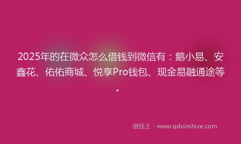 2025年的在微众怎么借钱到微信有：鹅小易、安鑫花、佑佑商城、悦享Pro钱包、现金易融通途等。