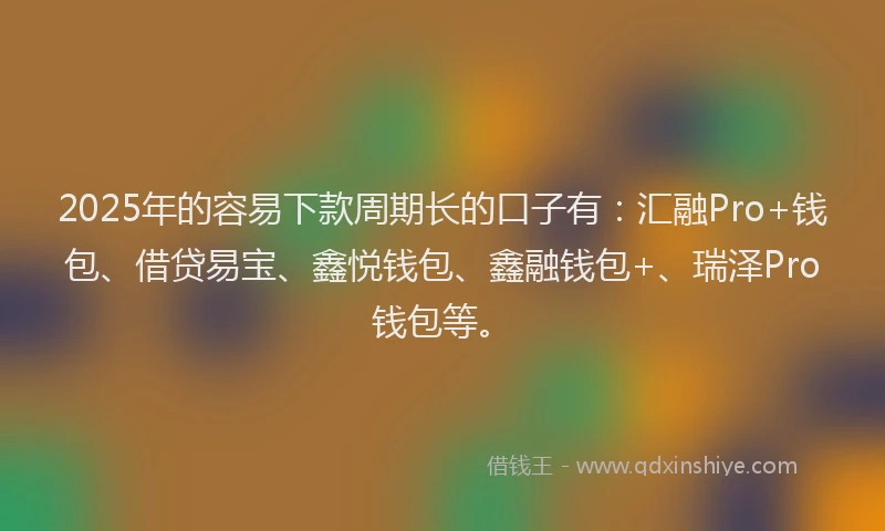 2025年的容易下款周期长的口子有：汇融Pro+钱包、借贷易宝、鑫悦钱包、鑫融钱包+、瑞泽Pro钱包等。