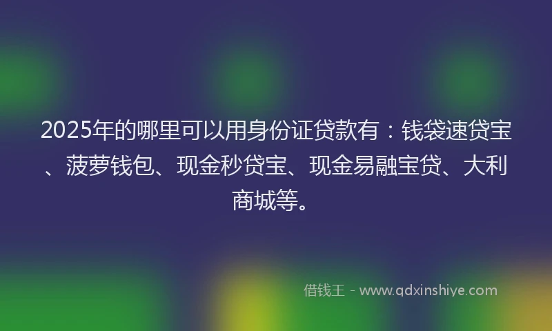 2025年的哪里可以用身份证贷款有：钱袋速贷宝、菠萝钱包、现金秒贷宝、现金易融宝贷、大利商城等。