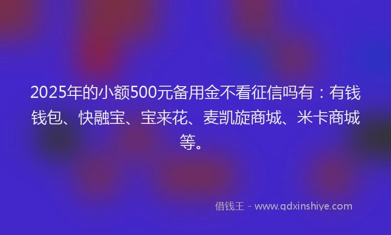 2025年的小额500元备用金不看征信吗有：有钱钱包、快融宝、宝来花、麦凯旋商城、米卡商城等。