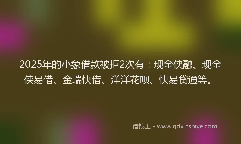 2025年的小象借款被拒2次有：现金侠融、现金侠易借、金瑞快借、洋洋花呗、快易贷通等。