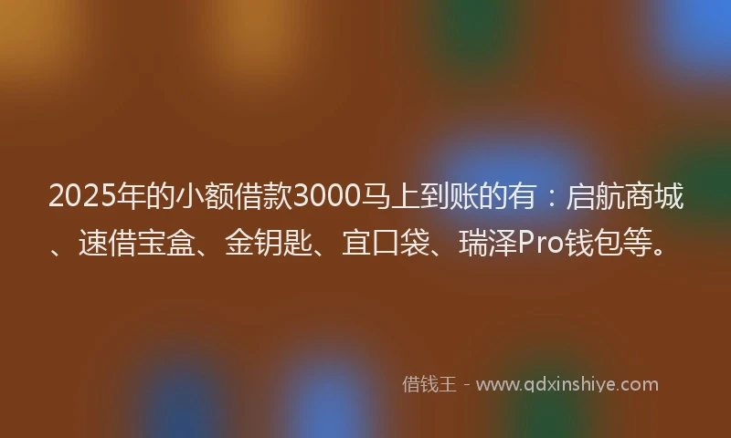 2025年的小额借款3000马上到账的有：启航商城、速借宝盒、金钥匙、宜口袋、瑞泽Pro钱包等。