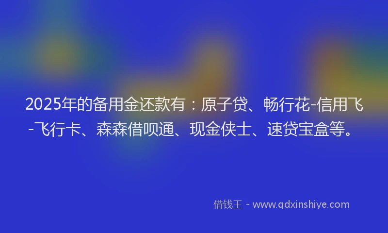 2025年的备用金还款有：原子贷、畅行花-信用飞-飞行卡、森森借呗通、现金侠士、速贷宝盒等。