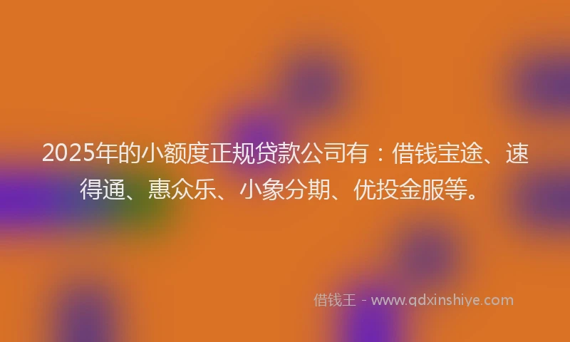2025年的小额度正规贷款公司有：借钱宝途、速得通、惠众乐、小象分期、优投金服等。