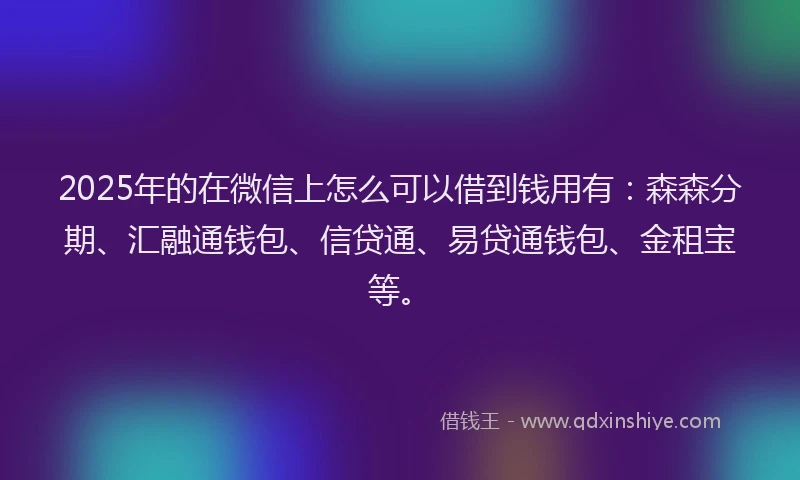 2025年的在微信上怎么可以借到钱用有：森森分期、汇融通钱包、信贷通、易贷通钱包、金租宝等。