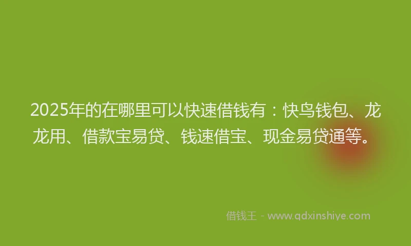 2025年的在哪里可以快速借钱有：快鸟钱包、龙龙用、借款宝易贷、钱速借宝、现金易贷通等。