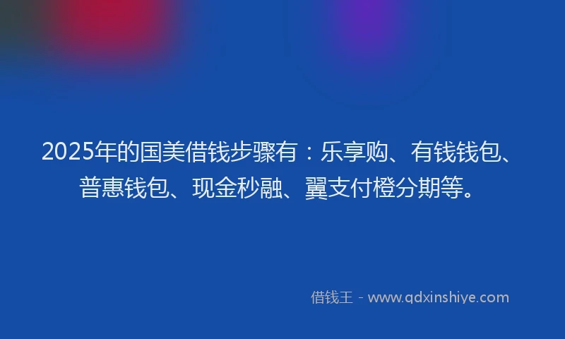 2025年的国美借钱步骤有：乐享购、有钱钱包、普惠钱包、现金秒融、翼支付橙分期等。