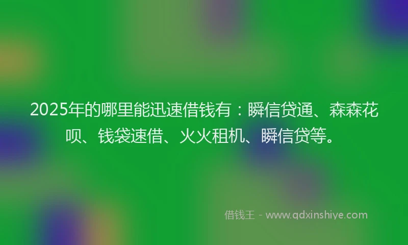 2025年的哪里能迅速借钱有：瞬信贷通、森森花呗、钱袋速借、火火租机、瞬信贷等。