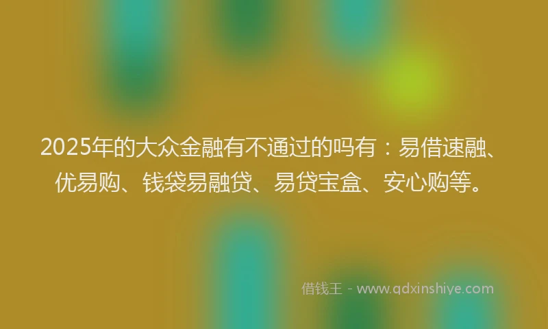 2025年的大众金融有不通过的吗有：易借速融、优易购、钱袋易融贷、易贷宝盒、安心购等。