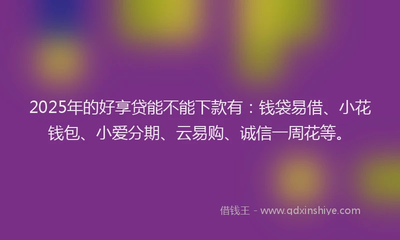 2025年的好享贷能不能下款有:钱袋易借、小花钱包、小爱分期、云易购、诚信一周花等。