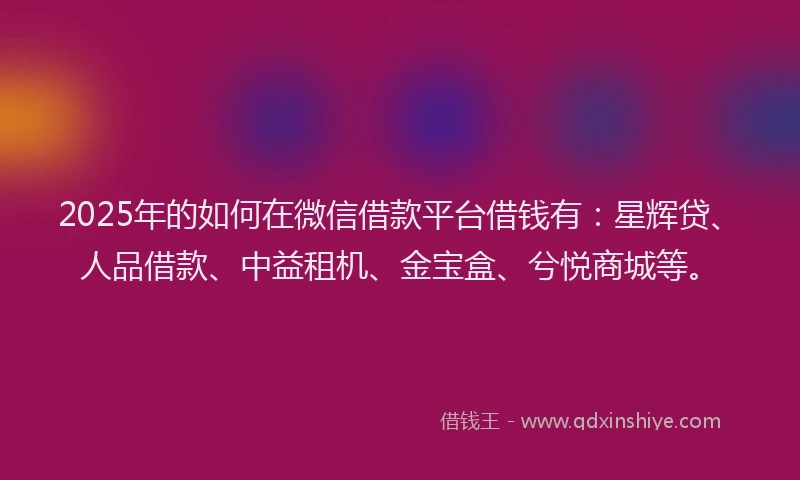2025年的如何在微信借款平台借钱有：星辉贷、人品借款、中益租机、金宝盒、兮悦商城等。