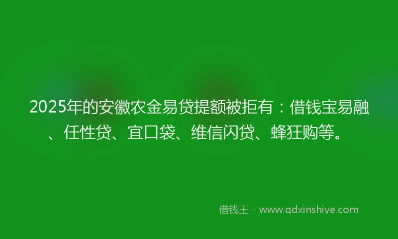 2025年的安徽农金易贷提额被拒有：借钱宝易融、任性贷、宜口袋、维信闪贷、蜂狂购等。