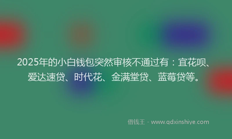 2025年的小白钱包突然审核不通过有:宜花呗、爱达速贷、时代花、金满堂贷、蓝莓贷等。