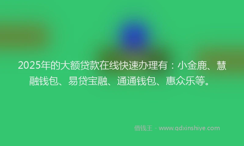 2025年的大额贷款在线快速办理有：小金鹿、慧融钱包、易贷宝融、通通钱包、惠众乐等。