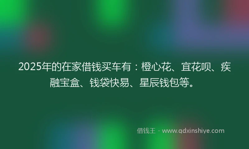 2025年的在家借钱买车有：橙心花、宜花呗、疾融宝盒、钱袋快易、星辰钱包等。