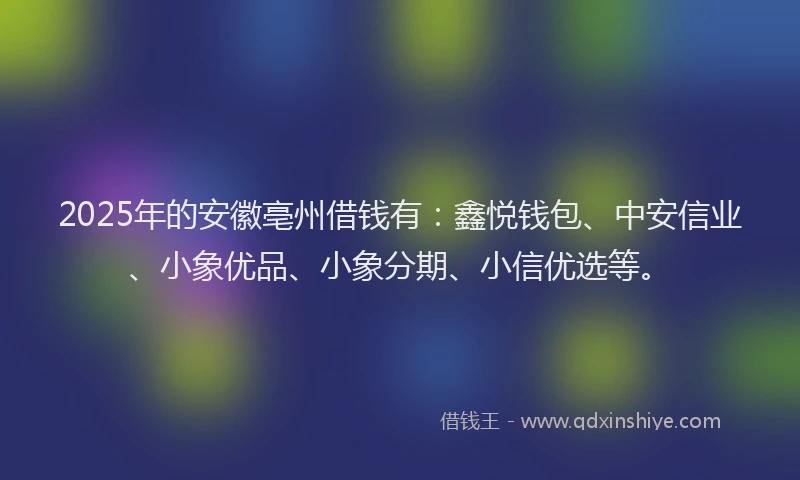 2025年的安徽亳州借钱有：鑫悦钱包、中安信业、小象优品、小象分期、小信优选等。